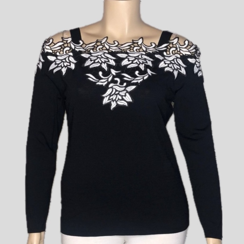 INC International Concepts Black Cold Shoulder Top with White Embroidery